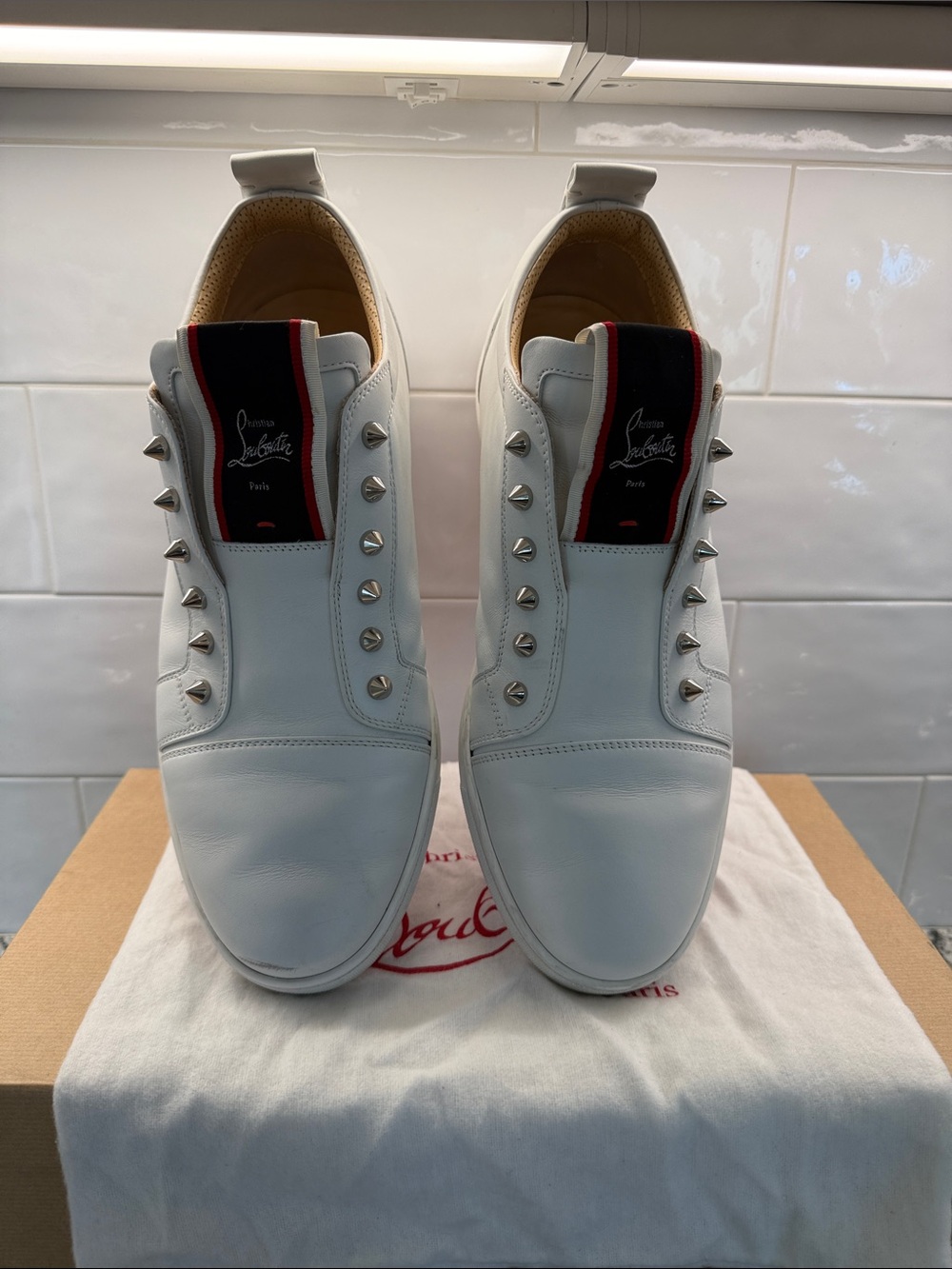 Christian Louboutin Fique A Vontade White Leather Spike Slip-On Sneakers